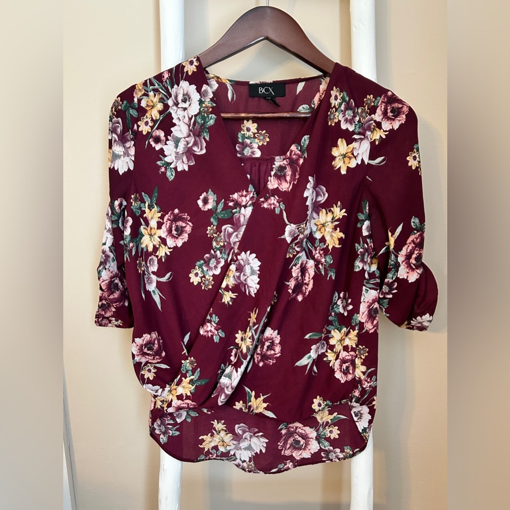 BCX Burgundy Floral Wrap Top